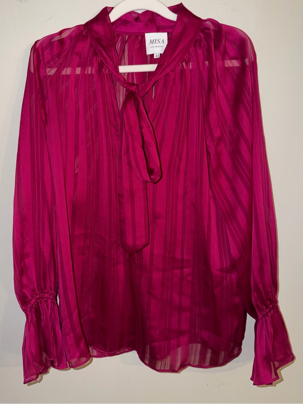 MISA Los Angeles Fuchsia Sheer Tie Neck Blouse XS NWOT